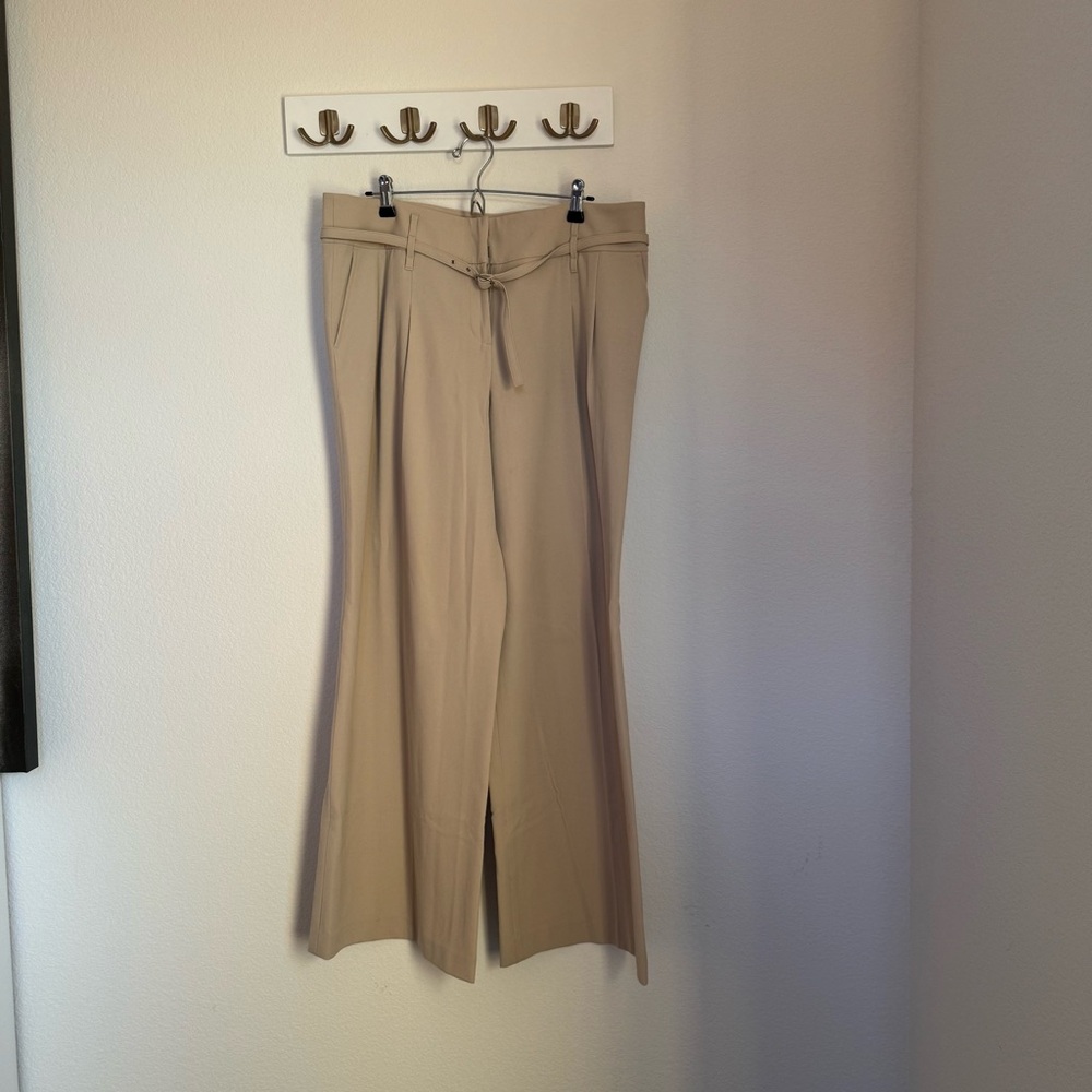 LOFT Neutral Beige Wide-Leg Pants with Tie Waist